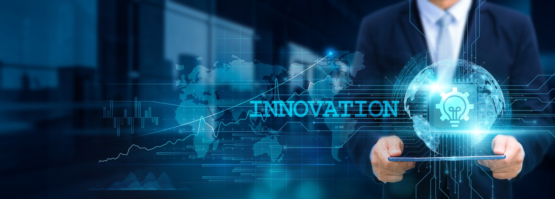 Innovation, leveraging cutting-edge technology, businessmen use tablets, collaborate with the structure of advanced systems on the network for working in the futuristic fields of business, technology.